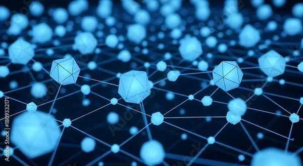 Fototapeta Abstract glowing blue geometric nodes connected by lines forming a digital network or data structure