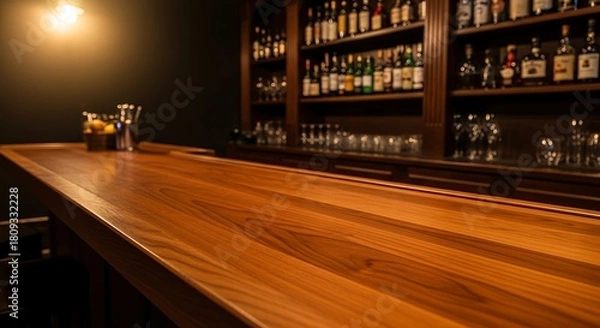 Fototapeta Warmly lit wooden bar counter with shelves of liquor bottles and glassware in a dimly lit establishment