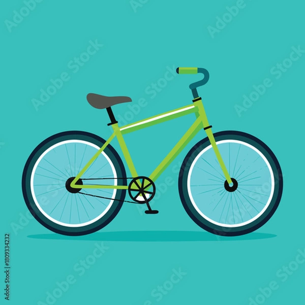 Fototapeta Bright green bicycle with blue wheels, a modern and simple flat design illustration for transportation