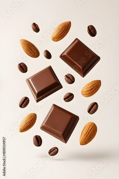 Obraz Levitating chocolate squares, almonds, and coffee beans on a clean background
