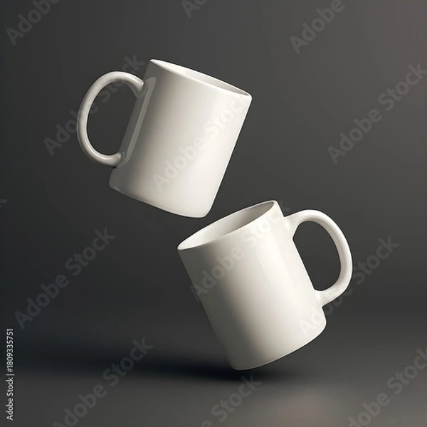 Obraz Minimalist design Two floating white mugs on dark background Template for branding