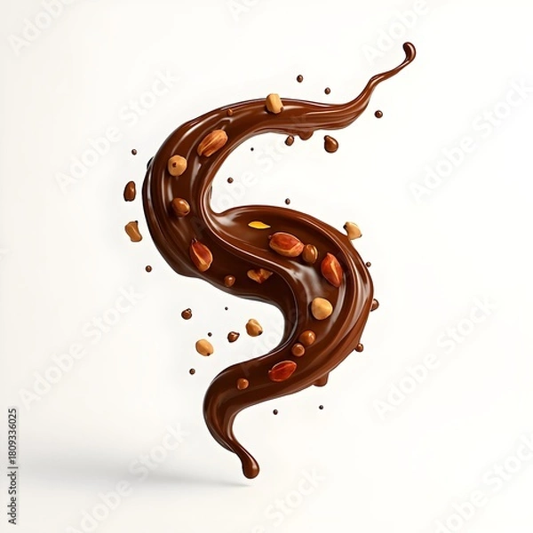 Fototapeta Glossy liquid chocolate swirl with nuts, high speed splash motion