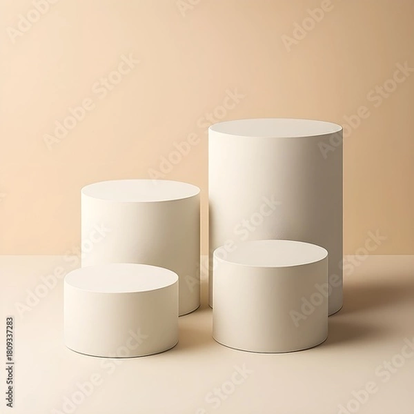 Obraz Minimalist scene with four white product display pedestals against neutral studio