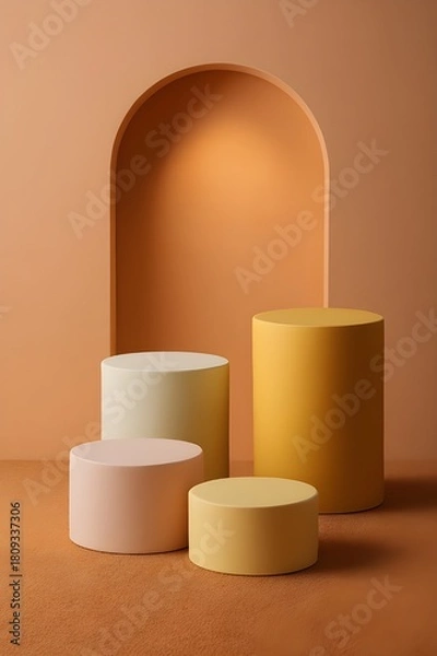 Fototapeta Minimalist background with cylindrical podiums and architectural arch in warm earthy