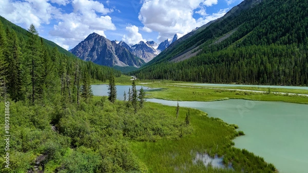 Fototapeta Drone flight over a mountain lake - Shavlinskoye blue lake in Altai