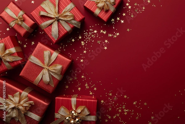 Fototapeta Elegant Red Gift Boxes with Gold Ribbons and Star Confetti Frame - Holiday Celebration Flat Lay