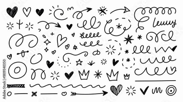 Fototapeta Hand drawn doodle design elements hearts stars arrows crowns swirls for graphic decoration and art projects