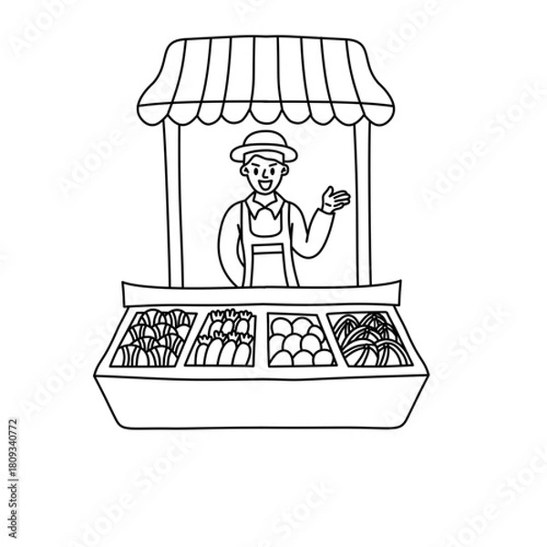 Obraz Friendly Street Vendor Waving and Greeting Customers outline style