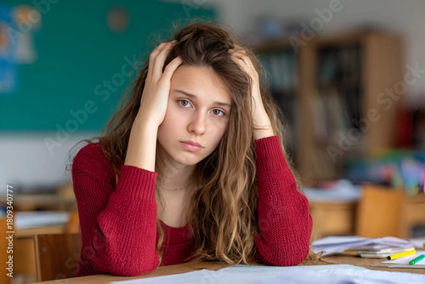 Obraz Anxious Student in Classroom: A young student, with a look of worry, sits amidst a classroom setting, the weight of academic pressure etched on her face.