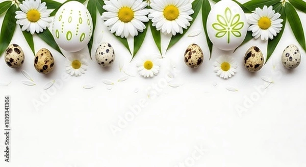 Fototapeta Elegant Easter composition with painted eggs quail eggs and daisies