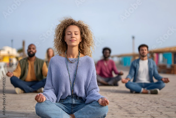 Obraz Mindfulness in Unity: A diverse group practices meditation together, embodying inner peace and communal harmony. A serene capture of focused reflection and spiritual well-being.