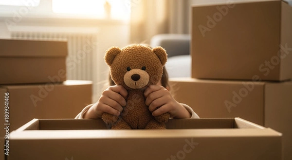 Fototapeta Child’s hands holding stuffed animal, Moving day with teddy bear in cardboard box, family relocation and home transition