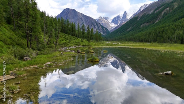 Obraz Drone flight over a mountain lake - Shavlinskoye blue lake in Altai