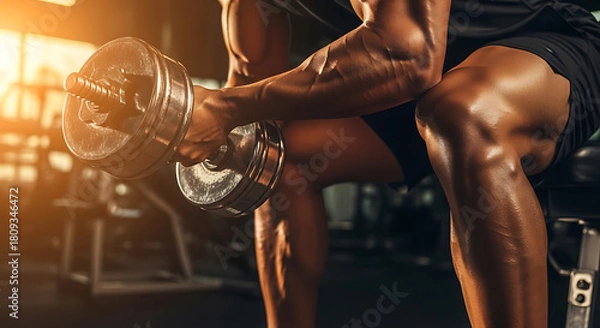 Fototapeta A determined bodybuilder's intense workout with a dumbbell, showcasing strength and fitness for a healthy lifestyle