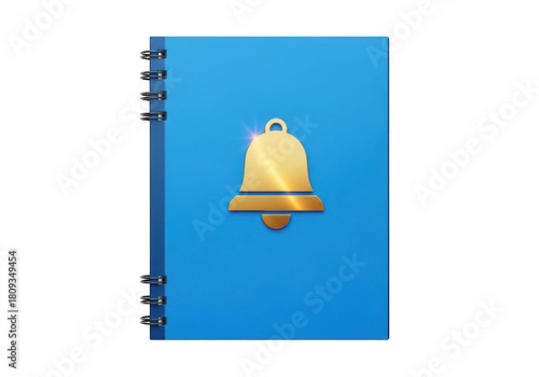 Obraz Golden bell icon on a blue notebook isolated on white background