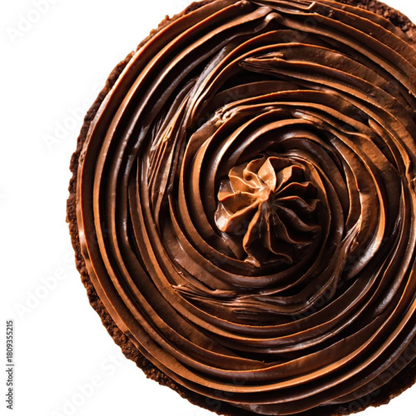 Obraz Close up overhead view of a rich dark chocolate cake frosting swirled in a spiral pattern with a central peak against a black background