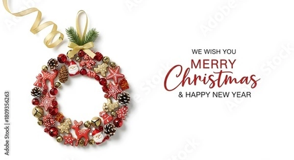 Fototapeta Christmas wreath with ribbon and text wishing merry christmas and happy new year