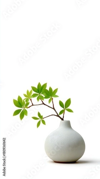 Obraz Simple White Vase with Green Leaves on Elegant Minimalist Background