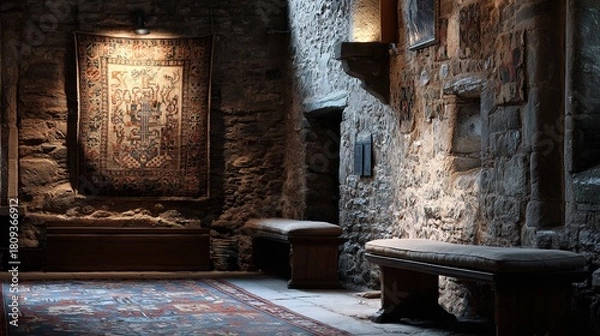 Obraz fortress. A medieval castle wall with a traditional woven tapestry. real-estate listings, architecture portfolios, designed for interior renovation comparisons for interiors, showcases craftsmanship.