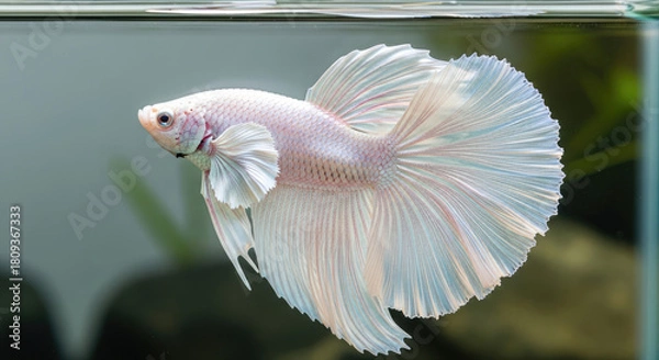 Fototapeta Elegant White Platinum Betta Fish Displaying Its Majestic Fins Swimming Gracefully in a Captivating Underwater Aquarium Habitat with Striking Detail