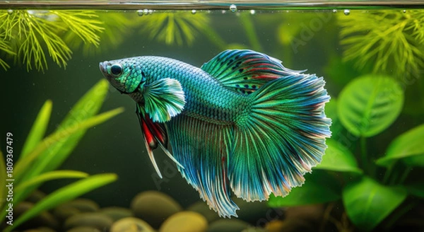 Fototapeta Emerald Jewel: A Stunning Siamese Fighting Fish Displaying Its Vibrant Colors and Graceful Fins in an Underwater Paradise with Lush