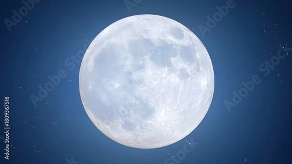 Fototapeta telephoto. Super moon in crisp detail against a deep blue night sky with visible lunar craters. STEM education sheets, lab safety posters, designed for STEM education and laboratory safety posters.