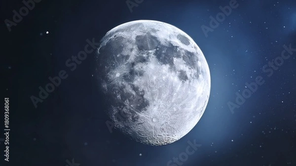 Fototapeta telephoto. Super moon in crisp detail against a deep blue night sky with visible lunar craters. STEM education sheets, lab safety posters, designed for STEM education and laboratory safety posters.