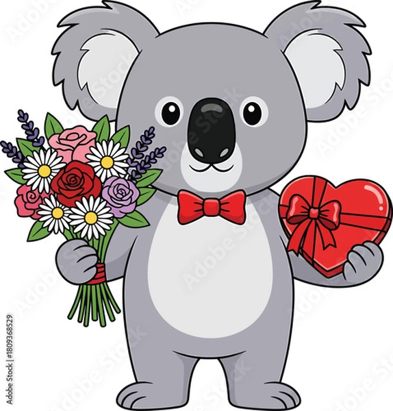 Fototapeta Adorable Koala Holding Flower Bouquet and Heart-Shaped Box
