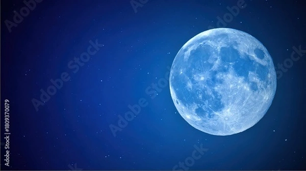 Fototapeta telephoto. Super moon in crisp detail against a deep blue night sky with visible lunar craters. STEM education sheets, lab safety posters, designed for STEM education and laboratory safety posters.