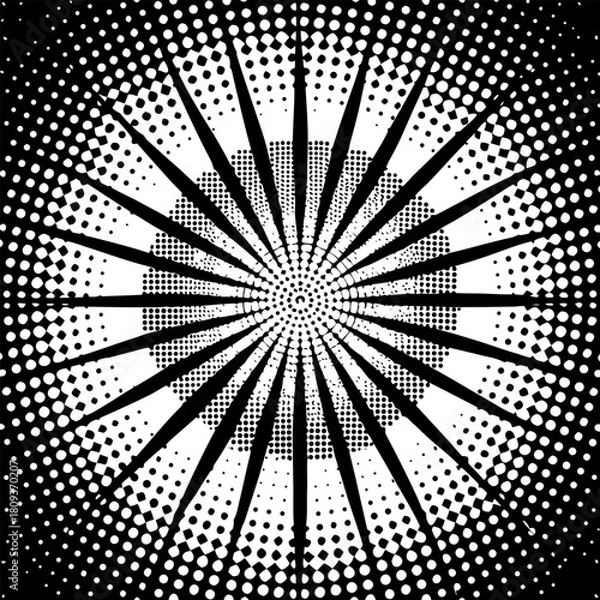 Obraz Halftone radial dotted background. Square dots comic gradient texture. Concentric fading gradation wallpaper. Black white rough grit overlay. Grunge gritty circular pop art cartoon backdrop