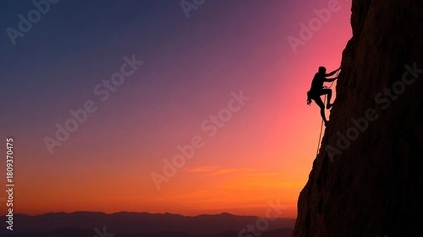Fototapeta wideangle. A lone climber silhouetted on a rock formation at dusk, framed by a vibrant sunset color palette. inspiring travel planning.