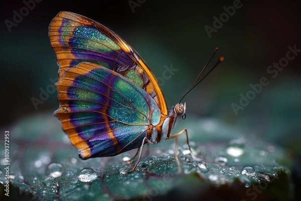 Fototapeta Stunning Colorful Butterfly on Dew Drops.