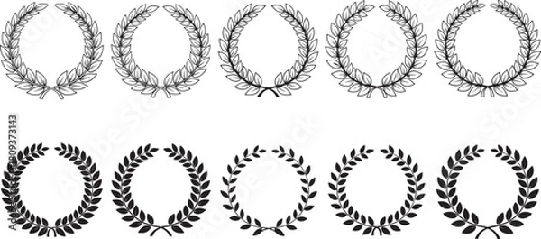 Obraz Set of Black and White Vector Laurel Wreath Award Icons, Classic Victory, Champion, and Achievement Symbols, Olive Branch Wreaths for Badge, Logo, and Branding Design Templates.