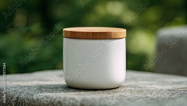 Obraz White ceramic container with wooden lid on a stone surface.