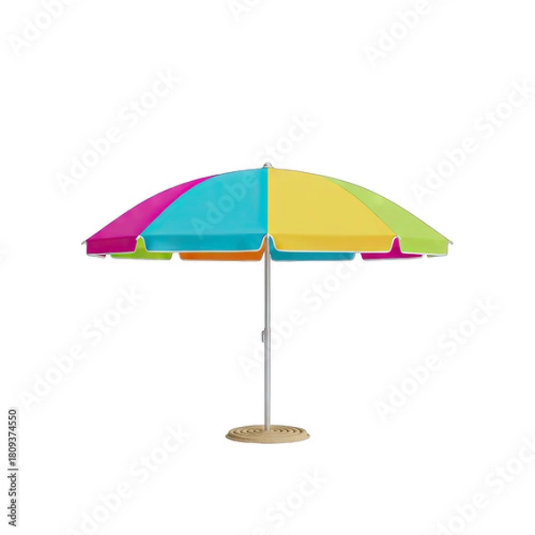 Fototapeta Colorful Beach Umbrella Standing on a Textured Base with a Transparent Background Perfect for Summer Vacation and Outdoor Activities