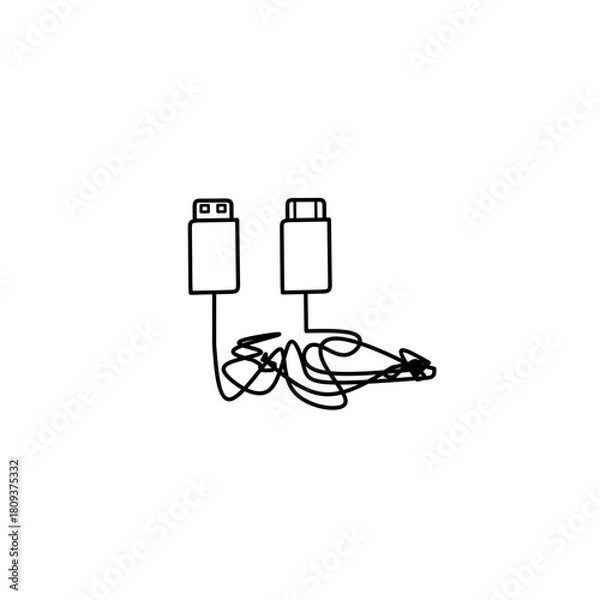 Obraz Tangled electronic usb cables on white background