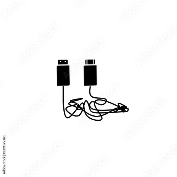 Obraz Tangled electronic usb cables on white background