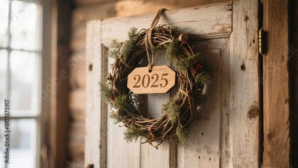 Fototapeta Rustic wreath welcomes happy new year 2025 on a weathered door, holiday charm