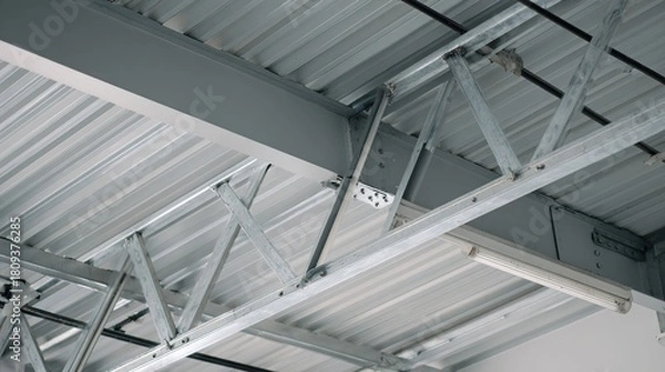 Fototapeta girder. Interior view of a steel frame construction workshop, showcasing structural elements in an industrial environment. safety posters.