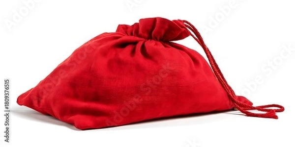 Fototapeta A vibrant red drawstring bag sitting on a white surface with a soft shadow underneath it shown clearly