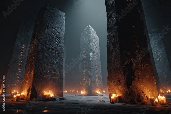 Fototapeta Ancient Stone Structures Illuminated by Flames.