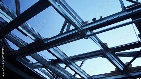Fototapeta girder. Interior view of a steel frame construction workshop, showcasing structural elements in an industrial environment. safety posters.