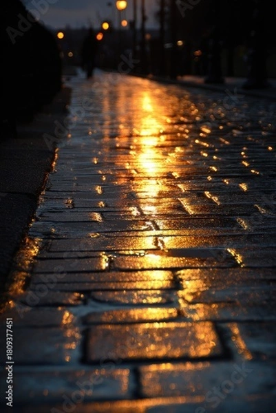 Fototapeta Cobblestone Pathway Glows in Golden Light at Dusk.