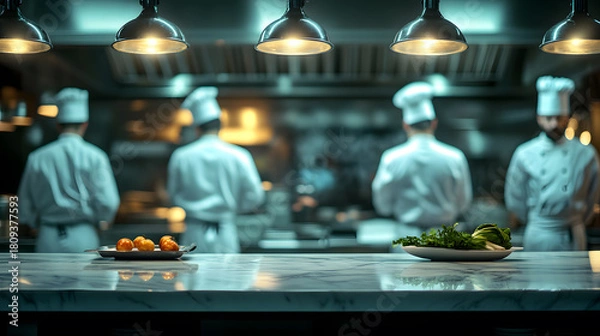 Fototapeta Busy Restaurant Kitchen Ambiance. A defocused view of a professional kitchen, showcasing chefs diligently preparing meals. The warm bokeh lighting evokes the energetic flow and dedicated craft