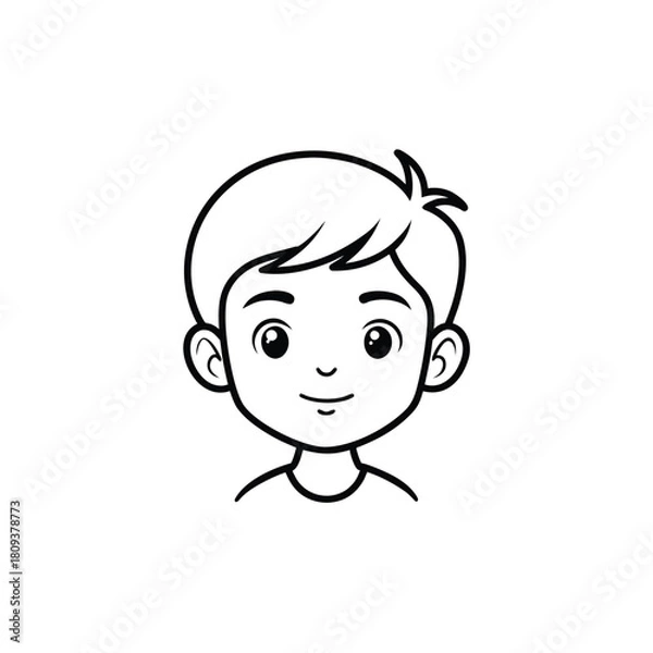 Fototapeta Simple outline illustration of a young boy s face on a white background