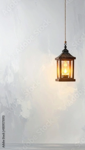 Fototapeta Lantern hangs, light on. Textured wall backdrop
