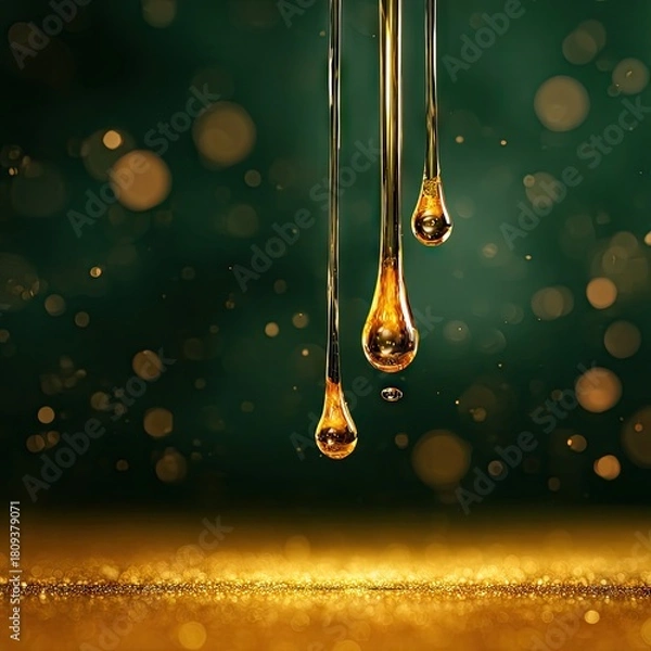 Obraz Golden Dripping Oil Drops on Dark Background.