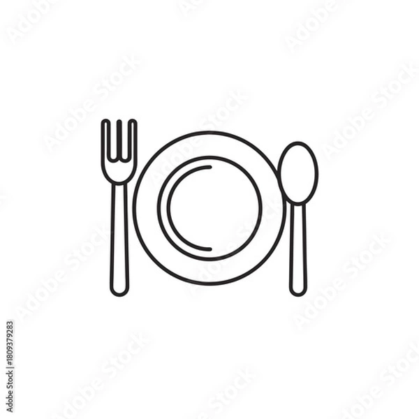 Obraz Simple outline of a plate and fork on a white background