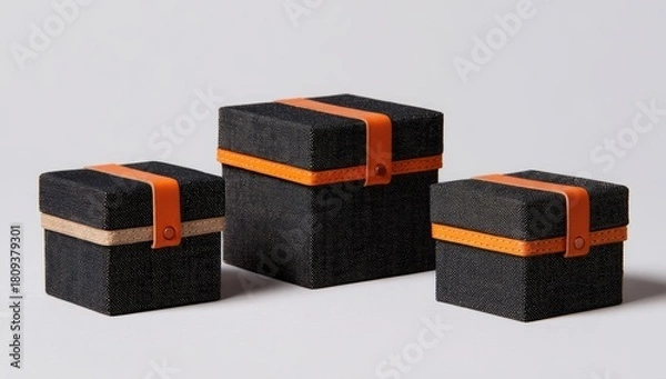 Fototapeta Three black gift boxes with orange bands, minimalist design, elegant presentation.