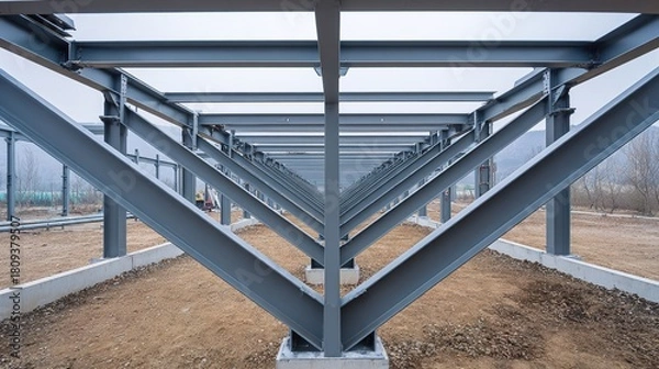 Fototapeta girder. Interior view of a steel frame construction workshop, showcasing structural elements in an industrial environment. safety posters.